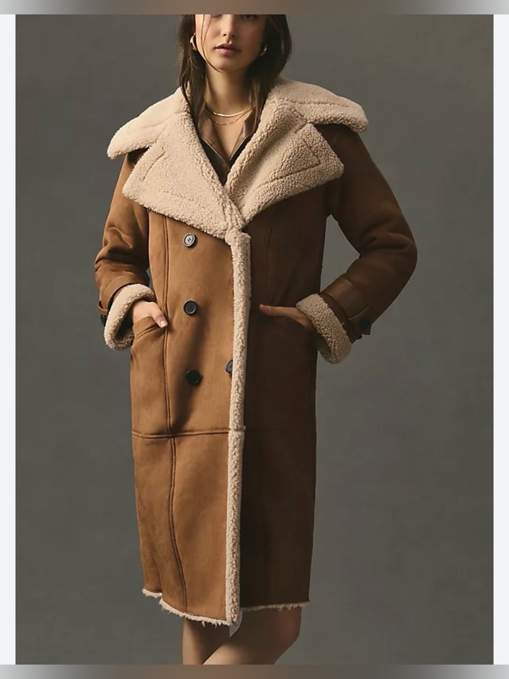 Anthropologie Avec Les Filles Brown Faux Shearling Trim Trench Coat Medium - Picture 5 of 12